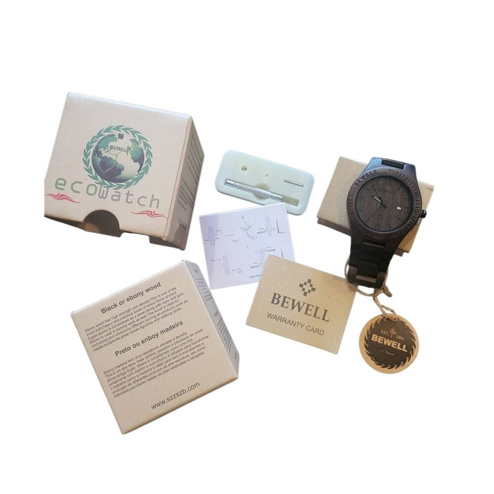 NIB Bewell Watch Men's Dark Ebony Analog Wristwatch Wood Grain Minimalist